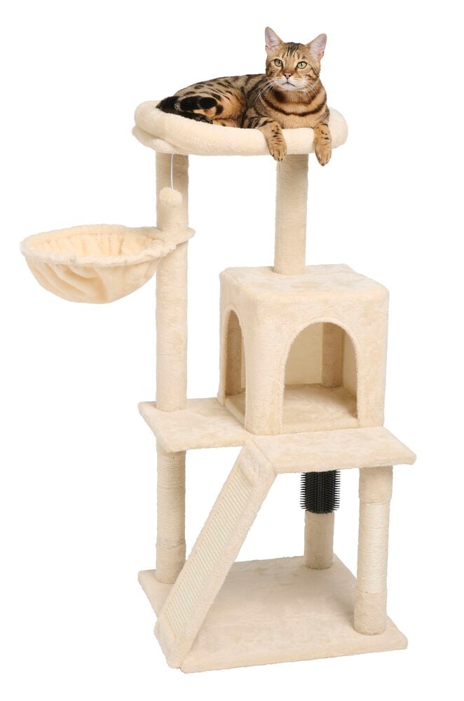 Katzenbaum 110 cm Creme White mit mehreren Ebenen, Hängematte, Höhle, Rampe und einer Katze oben.