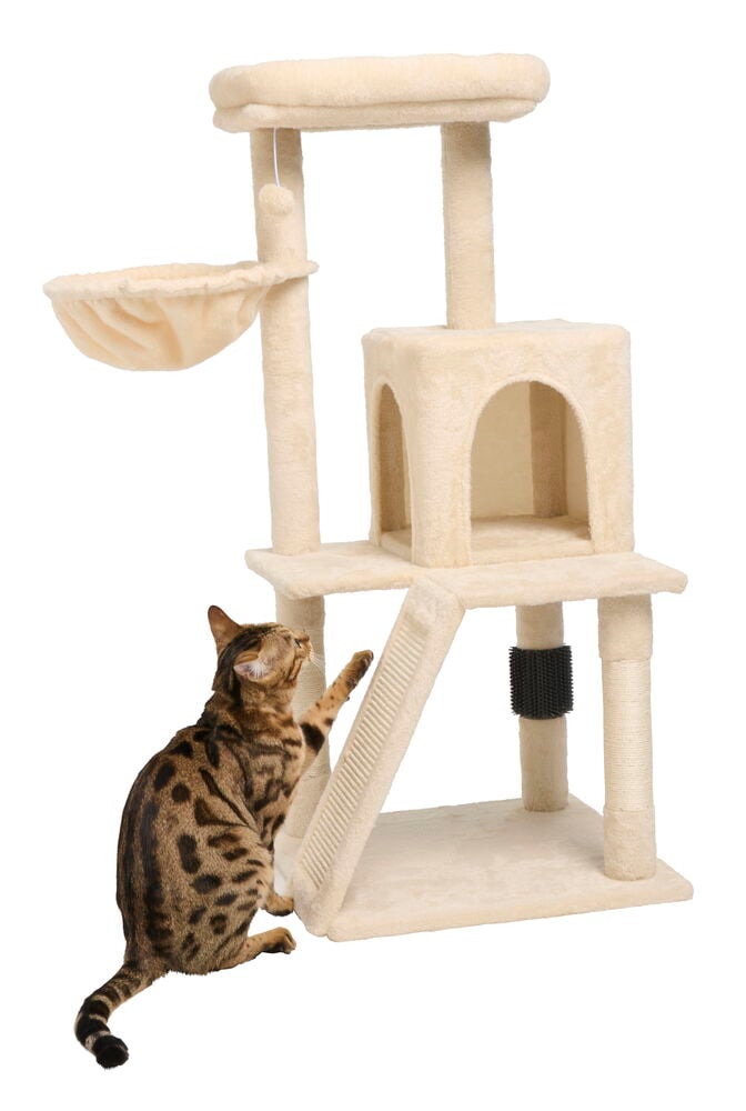Ein creme-weißer mehrstufiger Katzenbaum mit Kratzbäumen, Hängematte, Höhle und Rampe, mit einer Bengalkatze.