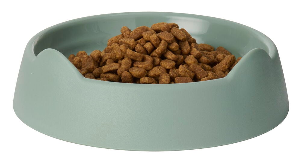 Vihreä muovinen ruokakuppi Ø15 cm, korvamuotoisella reunalla, täytetty ruskealla kuivaruoalla.