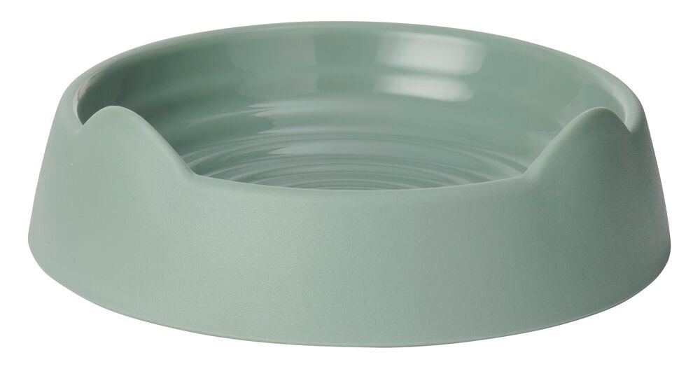 Vaaleanvihreä muovinen ruokakuppi, jossa on kissankorvan muotoiset reunukset ja uritettu sisäosa.