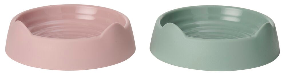 To plastmatskåler, Ø15 cm, i rosa og mintgrønn, med ørelignende detaljer.