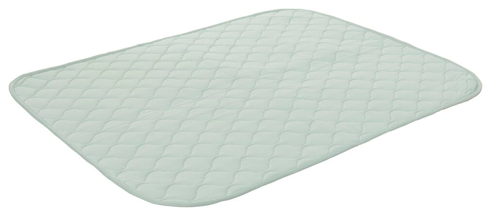 En mintgrønn vattert kjølematte for hund med avrundede hjørner og bølgemønster.