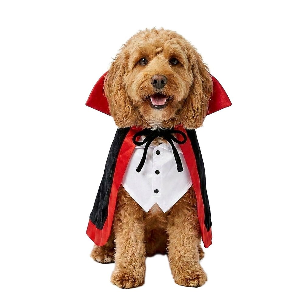 Kostyme til hund og katt Dracula XS-L, en svart og rød kappe med hvit skjortefront og sløyfe på hund.