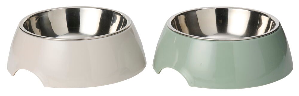 To Matskåler, 300 ml, Rustfritt stål/Plast, en lys beige og en lys grønn.