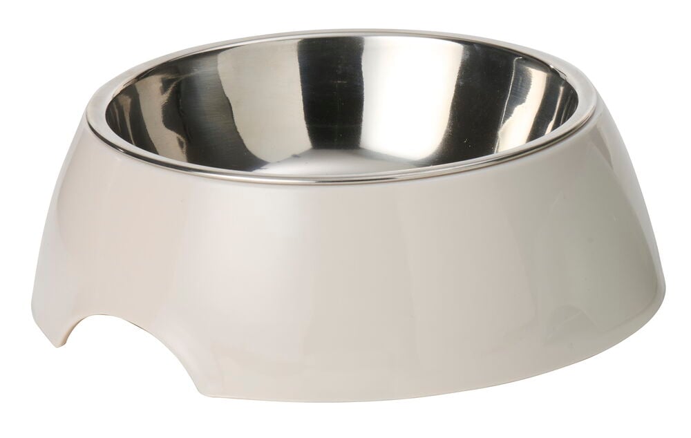 En todelt Matskål 300 ml med skinnende sølv rustfri stål innsats og en kremfarget plastbase.