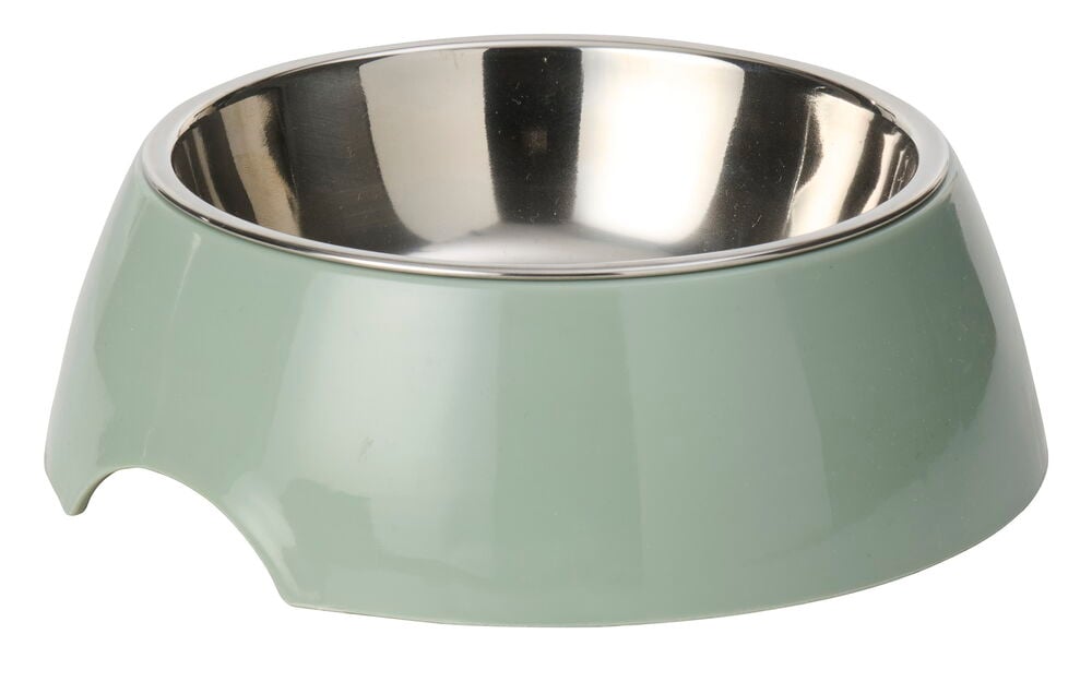 Mintgrønn 300 ml Matskål, rustfritt stål og plast, med sølvfarget innside og utskåret base.