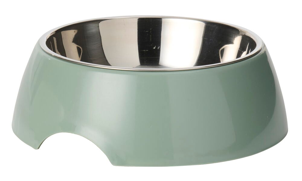 Ein 700 ml Futternapf mit rostfreiem Edelstahl innen und hellgrünem Kunststoff außen mit Ausschnitt vorne.