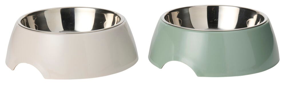 Zwei 700 ml Futternäpfe aus Edelstahl/Plastik, einer hellbeige und einer salbeigrün.
