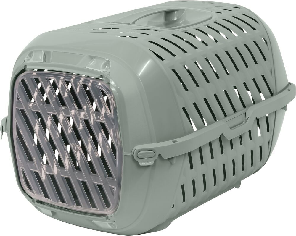 En grønn/grå Transportbur 49x34,5x32 cm i plast med gjennomsiktig gitterdør og håndtak på toppen.