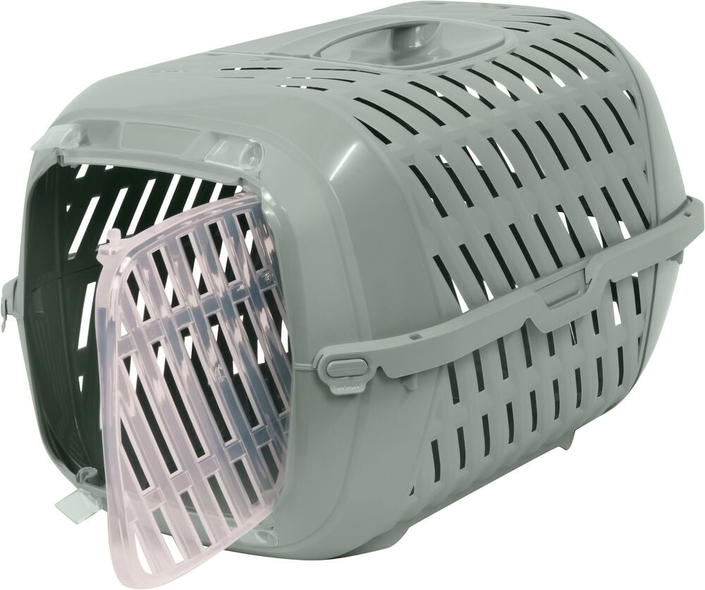 Grønn/grå transportbur i plast med ventilasjon, håndtak på toppen og en delvis åpen transparent frontdør.