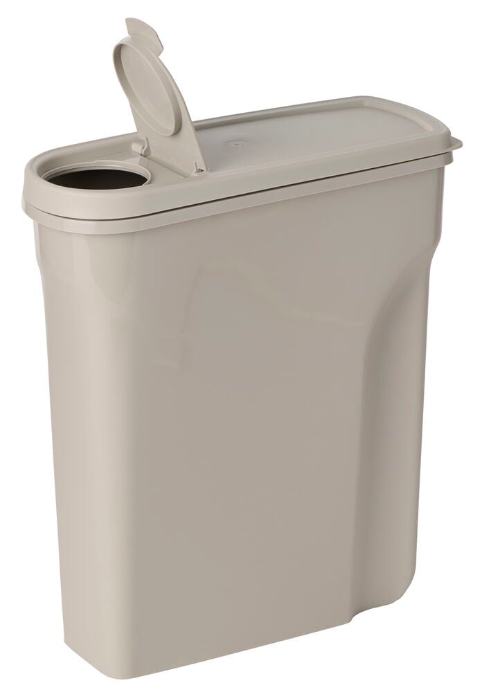 Lys grå Fôrbeholder 5 liter med lokk og en liten vippetopp-åpning på toppen.