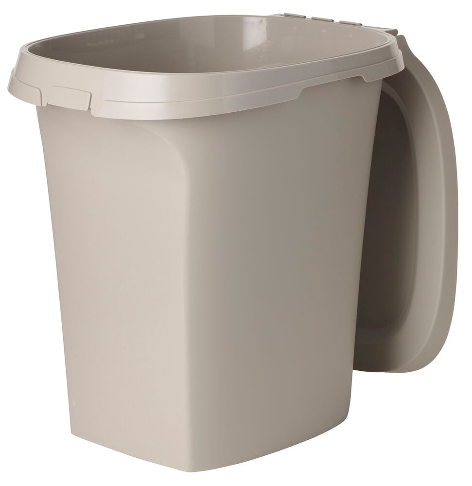 Lys beige Fôrbeholder 38 liter med et åpent hengslet lokk, sett fra en vinklet perspektiv.