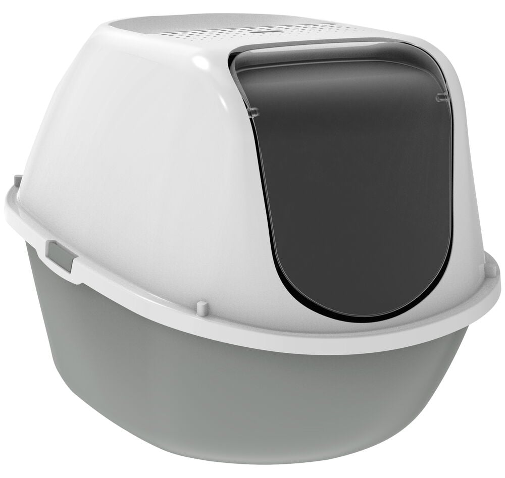 Et hvitt og mørkegrått kattetoalett med tak, gjennomsiktig luke foran og ventilasjonsgitter på toppen.