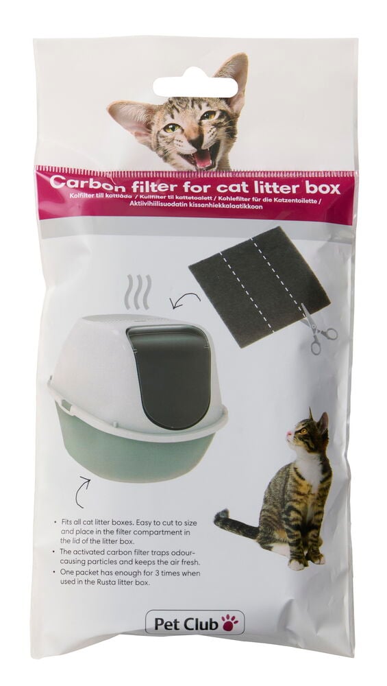 Kolfilter till kattlåda Svart förpackning, visar klippt filter, kattlåda och katter.