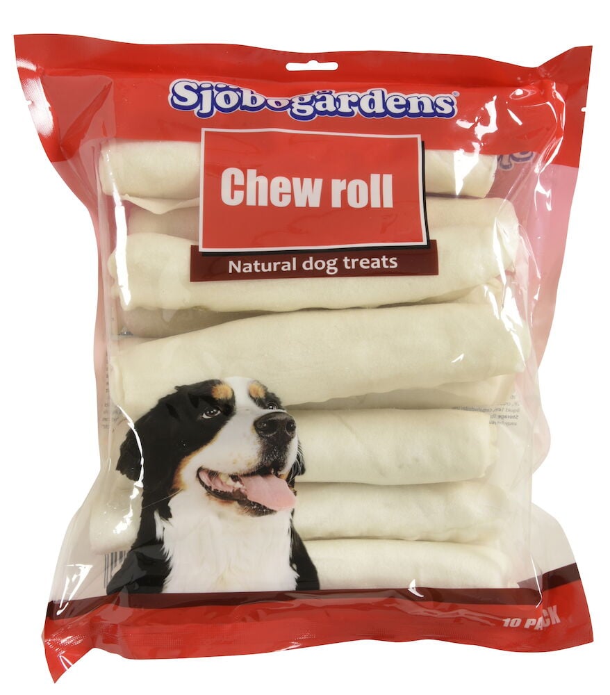 Förpackning med tio vita tuggben för hundar.