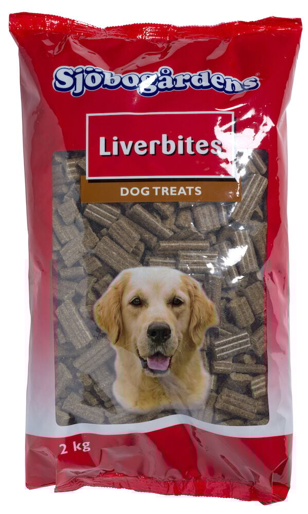 Stor röd påse med hundgodis och hundbild.