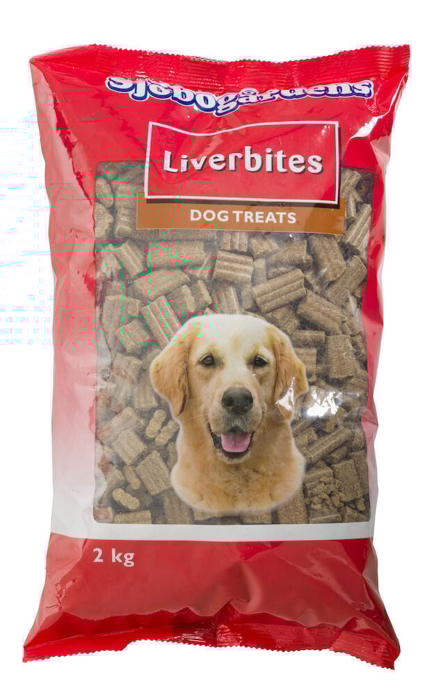 Röd påse med hundgodis och en hund på framsidan.