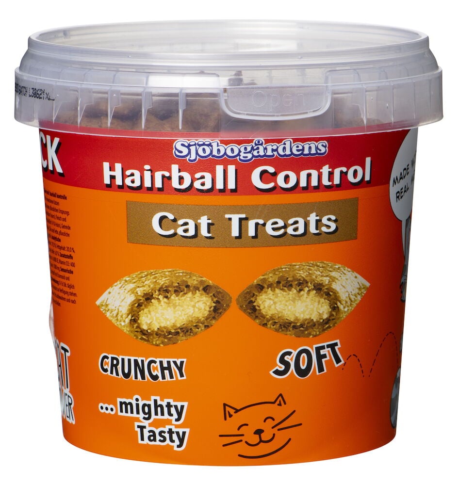 Plastburk med kattgodis för hårbollar.