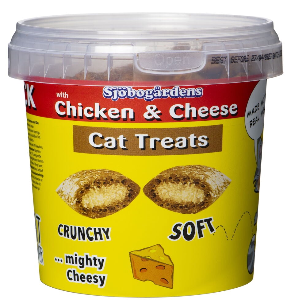 Burk med kattgodis kyckling och ost.