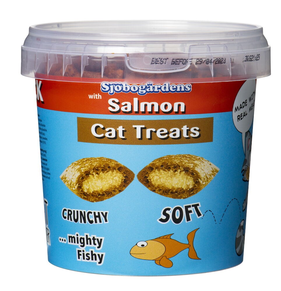 Blå burk med kattgodis smak av lax.