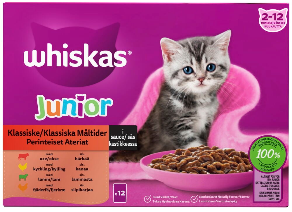 Kissojen märkäruoka Whiskas 12x85 g Classic Selection in Sauce Junior pakkaus, jossa kissanpentu ja ruokakuppi.