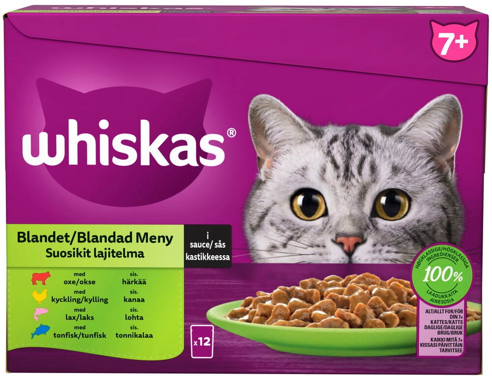 Whiskas 12x85g Mixed Selection in Sauce Senior kissojen märkäruokalaatikko, violetti, kissakuvalla ja ruokakulholla.