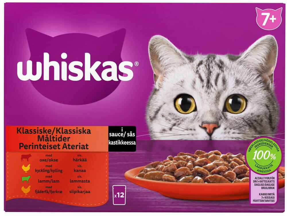 Whiskas 12x85g Classic Selection in Sauce Senior kissojen märkäruoka purppurassa laatikossa, kissan ja ruokakupin kanssa.