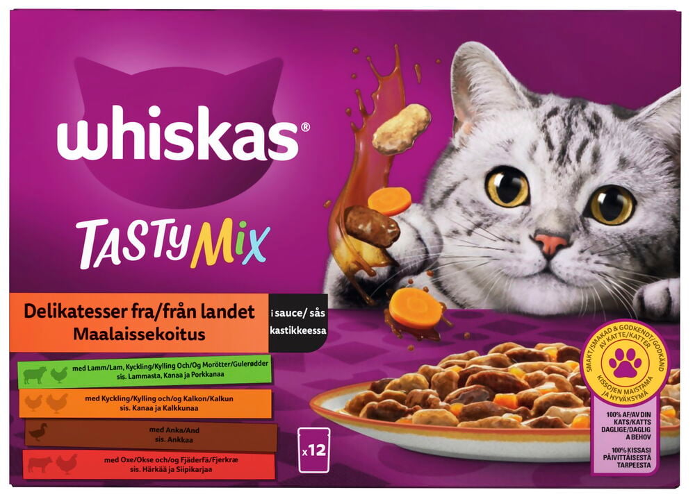 Whiskas Tasty Mix 12-pakkauksen märkäruoka kissoille, jossa raidallinen kissa kurkistaa ruokakupin yli.
