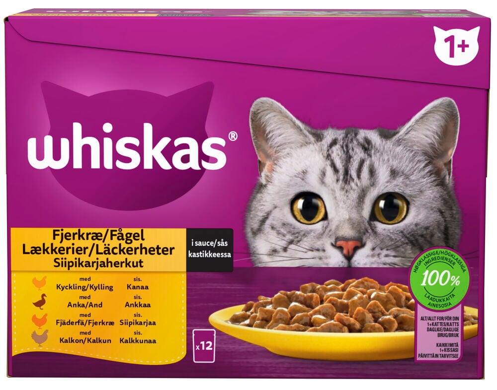 Violetti pakkaus Kissojen märkäruoka Whiskas 12x85 g Poultry in Sauce, sopii 1+ aikuisille kissoille.