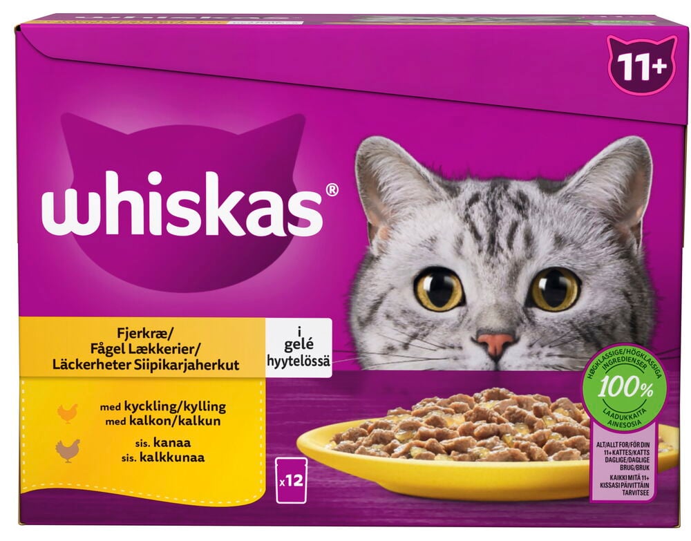 Whiskas 12x85 g Poultry Selection in Jelly kissojen märkäruoka laatikko, 11+ aikuisille kissoille.