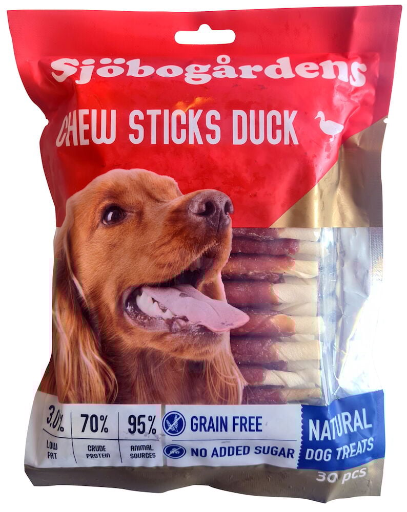 Förpackning med tuggpinnar anka till hundar.