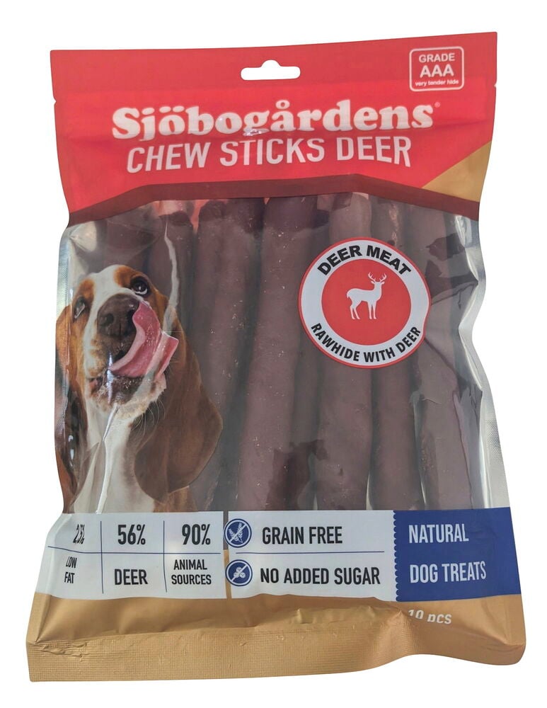 Tuggpinnar Sjöbogårdens 10-pack, 500 g Deer, bruna hundgodisar i röd och beige förpackning.