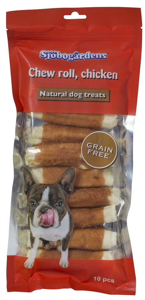 Röd förpackning med hundtugg kyckling 10-pack.