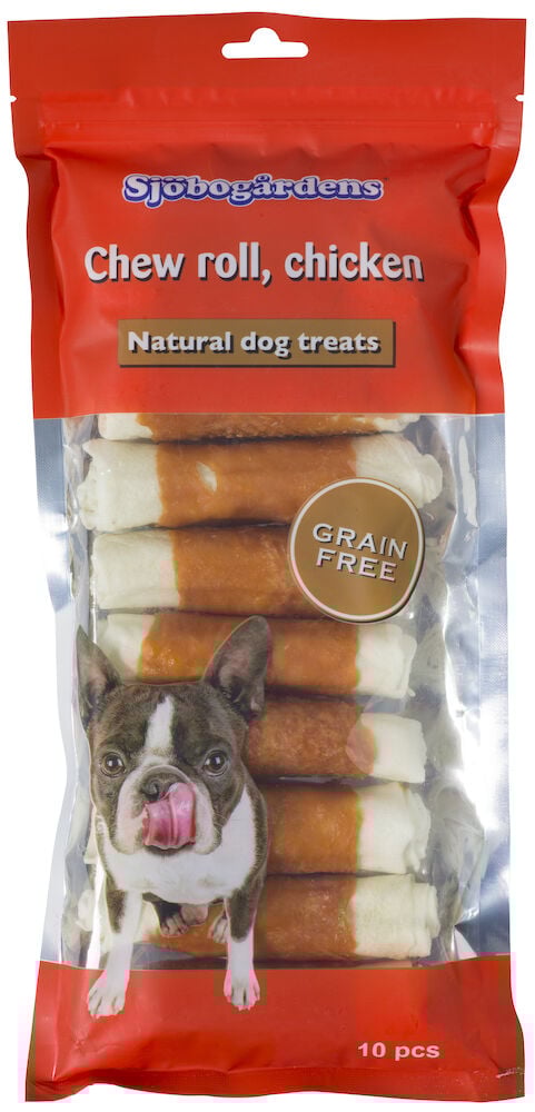 Plastförpackning med tio kycklingsmakande hundtuggrullar.