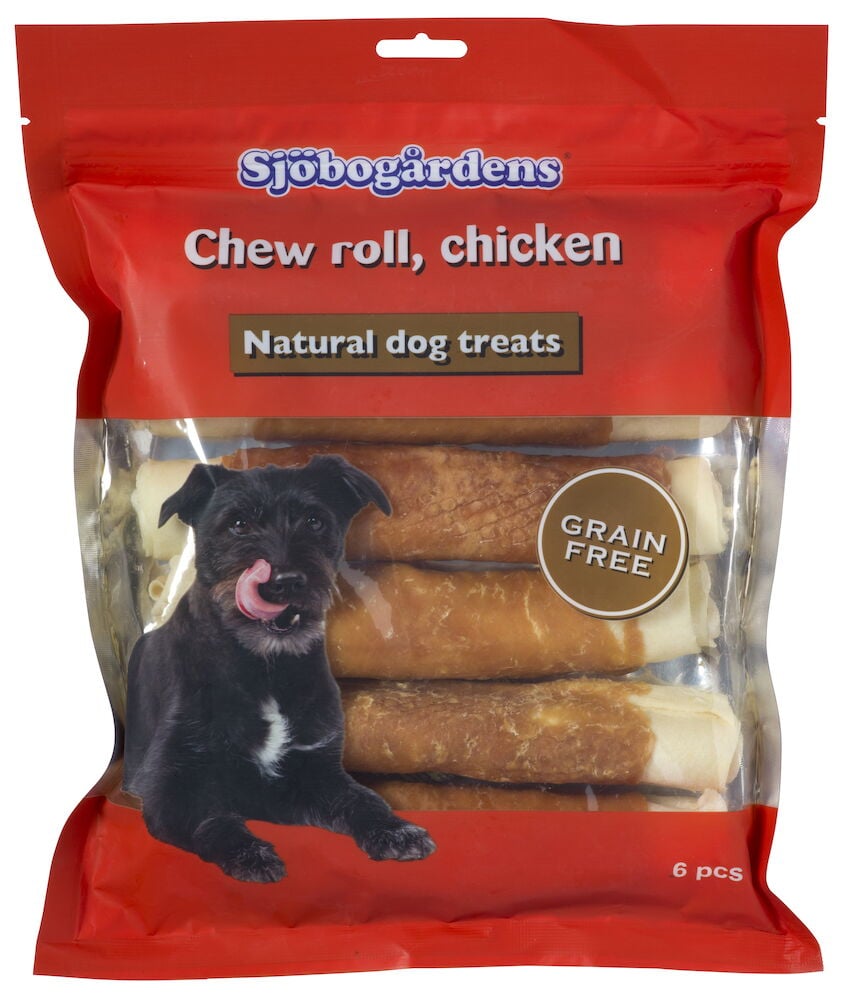 Förpackning med sex stora kycklingtuggrullar för hundar.