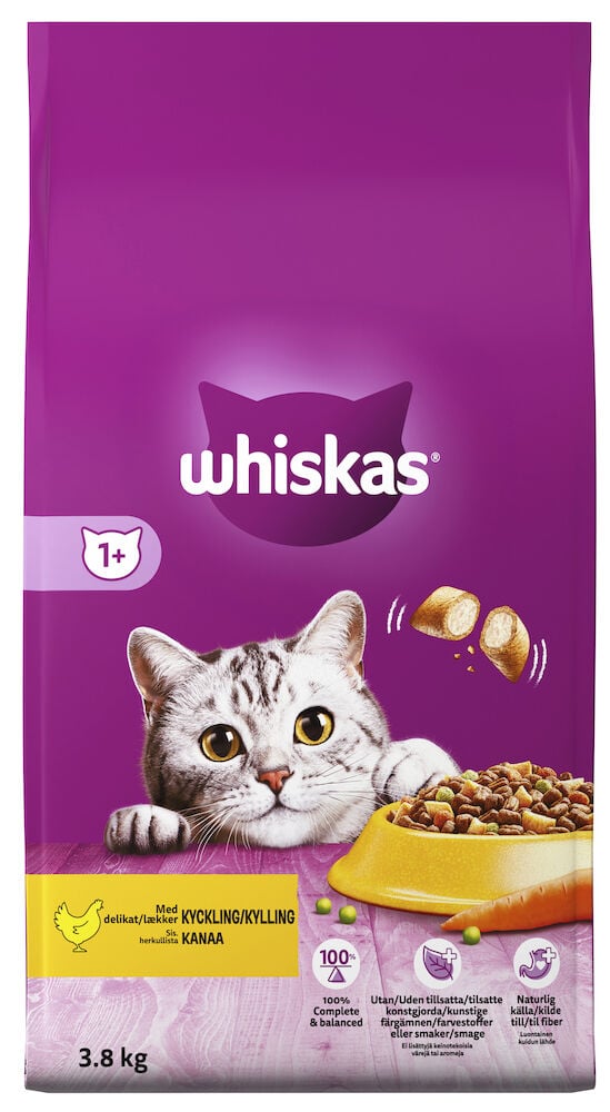 Lila Whiskas kattmatspåse med kycklingsmak, 3,8 kg.