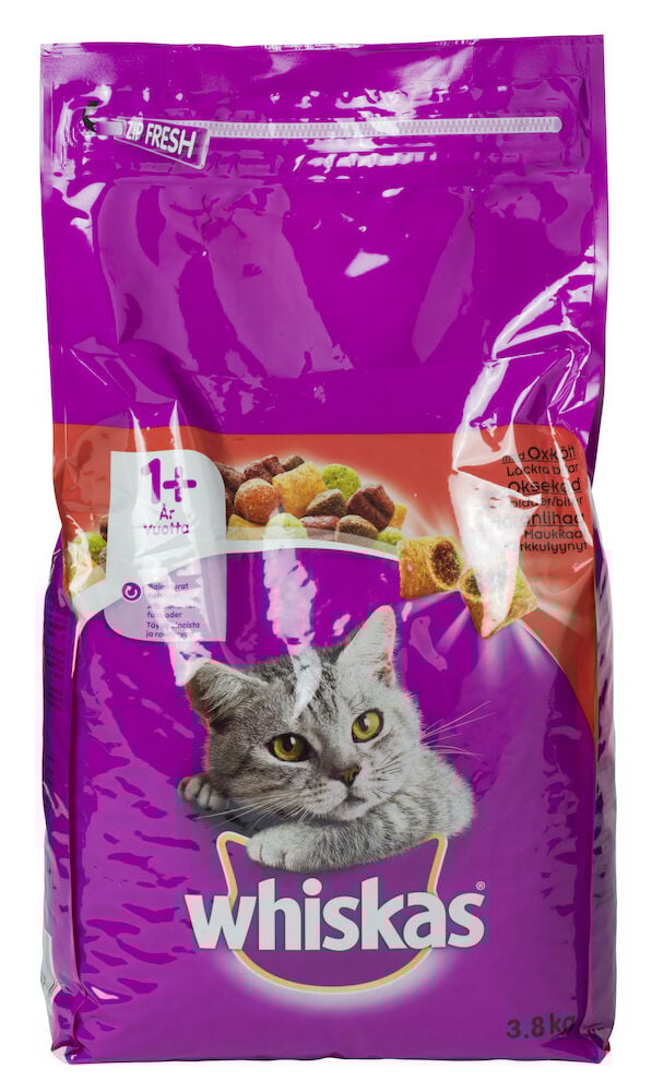 Lila Whiskas kattmatspåse med grå kattmotiv.