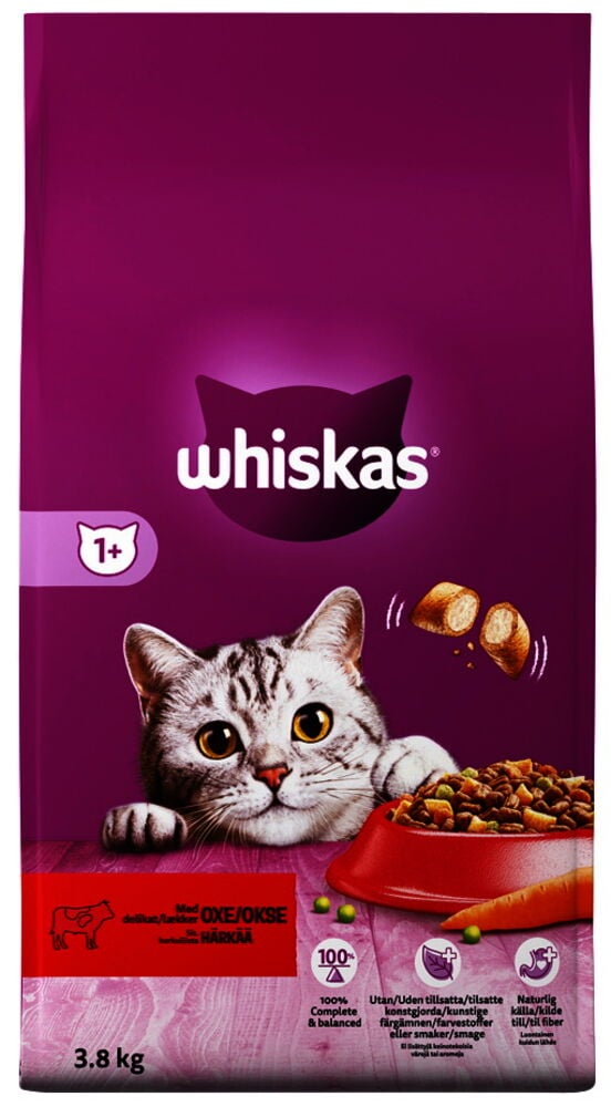 Lila Whiskas kattmatspåse med nötkött, kattmotiv.