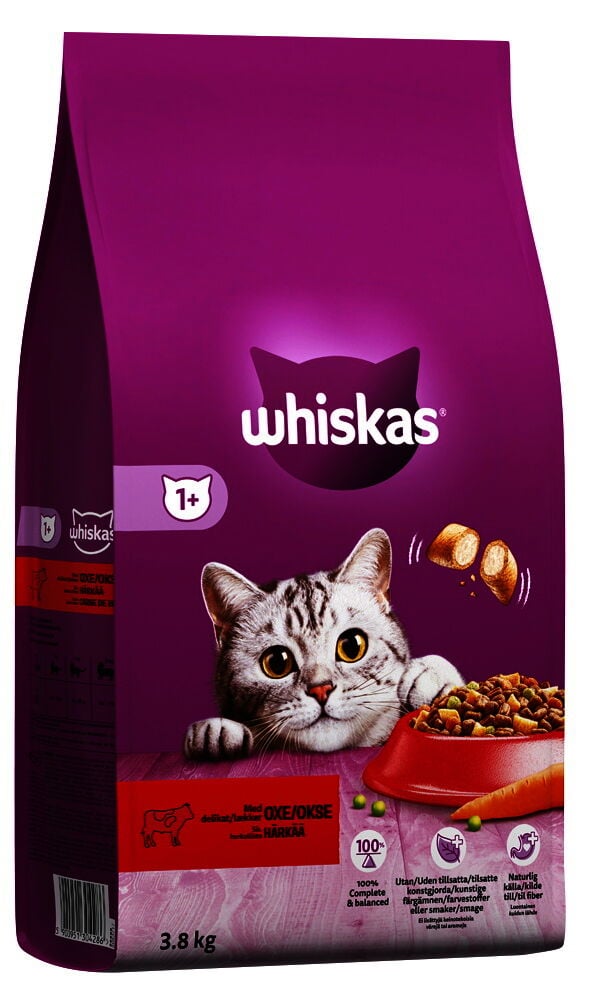 Lila Whiskas kattmatspåse med katt och matskål.