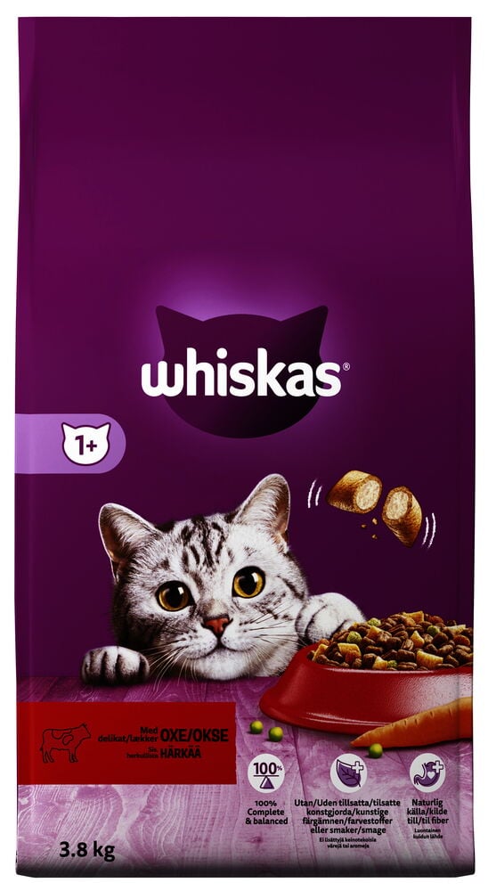Lila påse Whiskas torrfoder nötkött kattmat 3,8 kg.