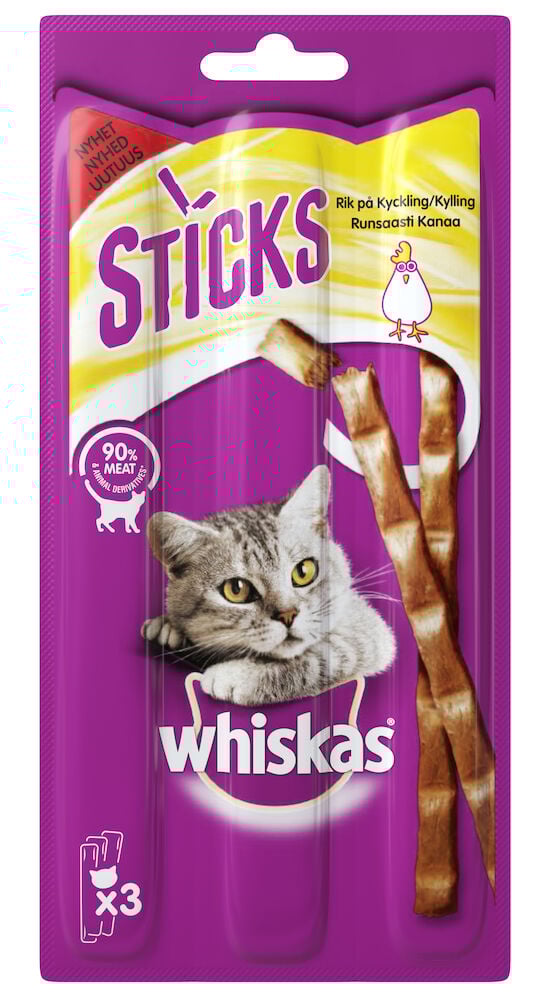 Violetti pakkaus Kissan herkut Whiskas Sticks, kanamaku, näyttää kolme ruskeaa tikkua ja kissan.