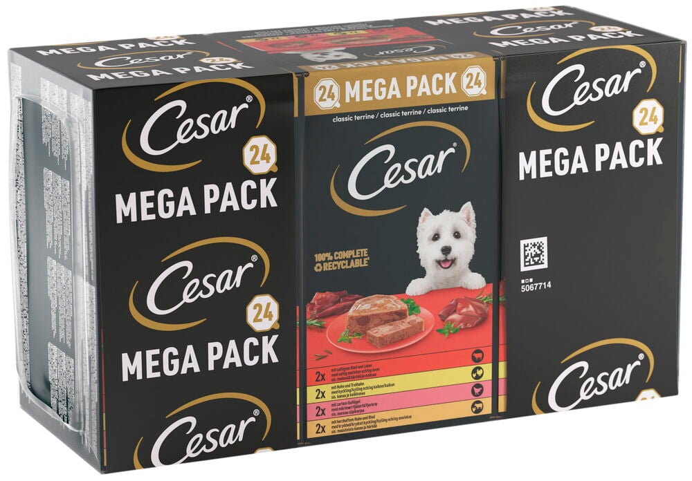 En svart flerpakningseske med Våtfôr, hund Cesar 24x150 g., som viser en hvit hund og ulike matporsjoner.
