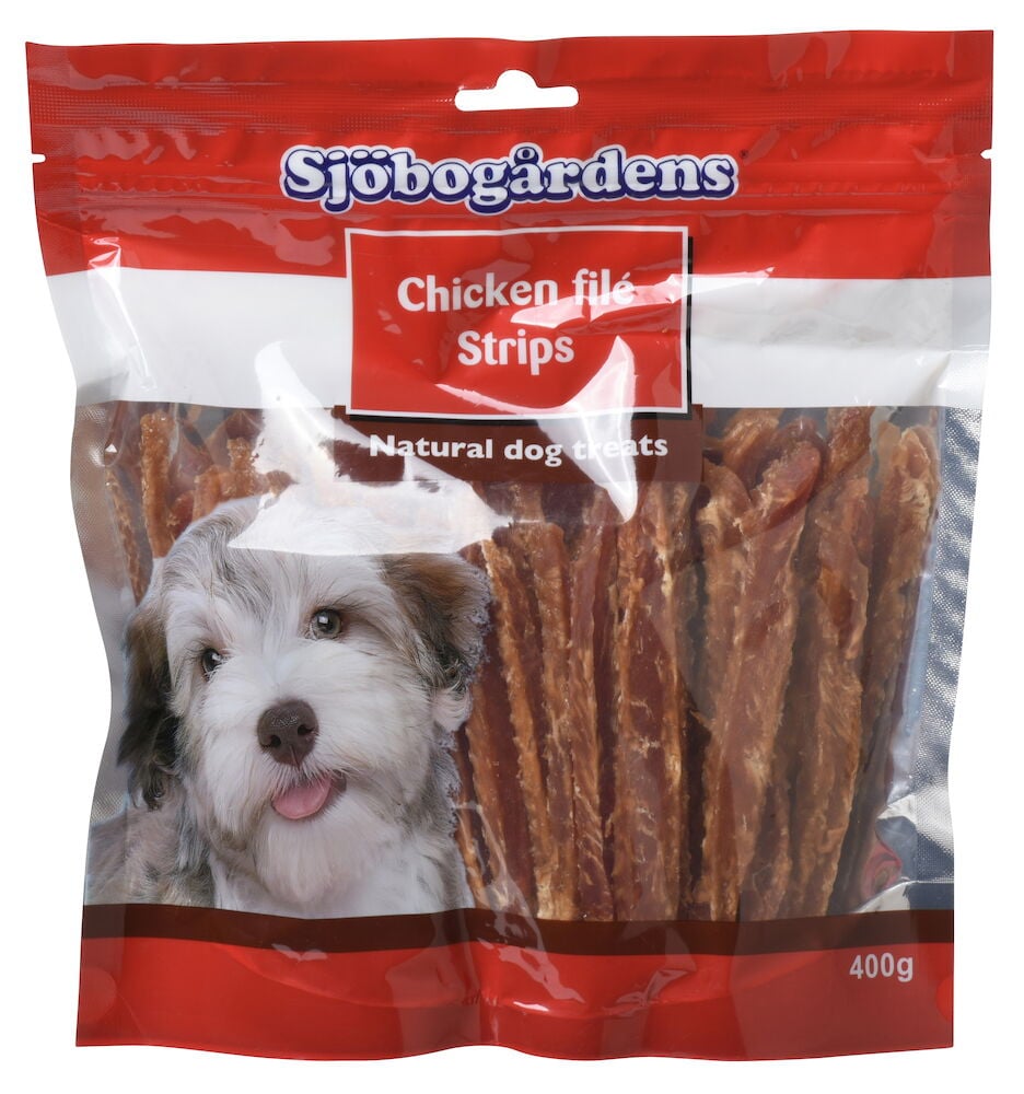 Påse med kycklingfiléremsor och en glad hund.