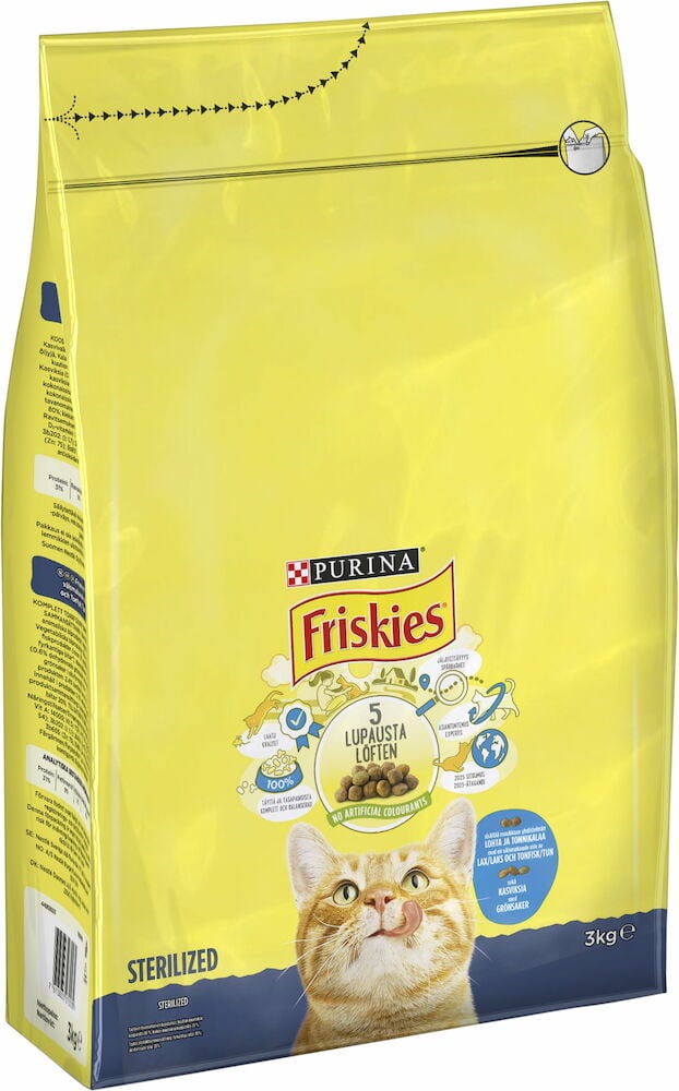 Gul påse Friskies torrfoder för steriliserade katter.