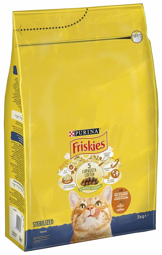 Gul påse med kattmotiv för steriliserade katter.