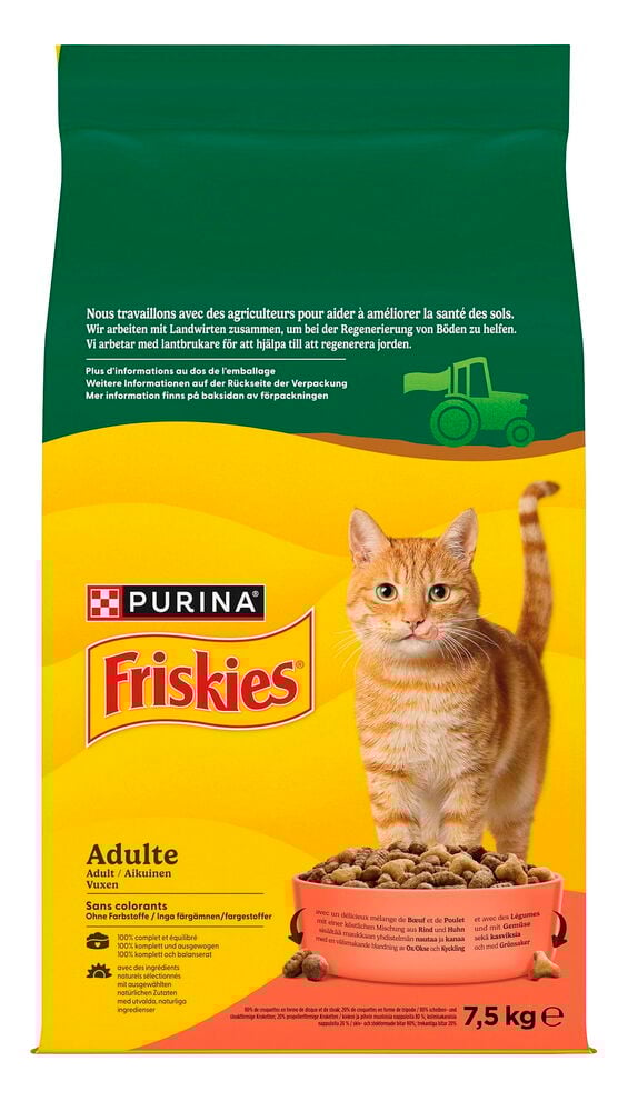 Grüner und gelber Friskies 7,5 kg Trockenfutter, Katzen Rindfleisch, Hühnchen & Gemüse Beutel, mit orange Katze.