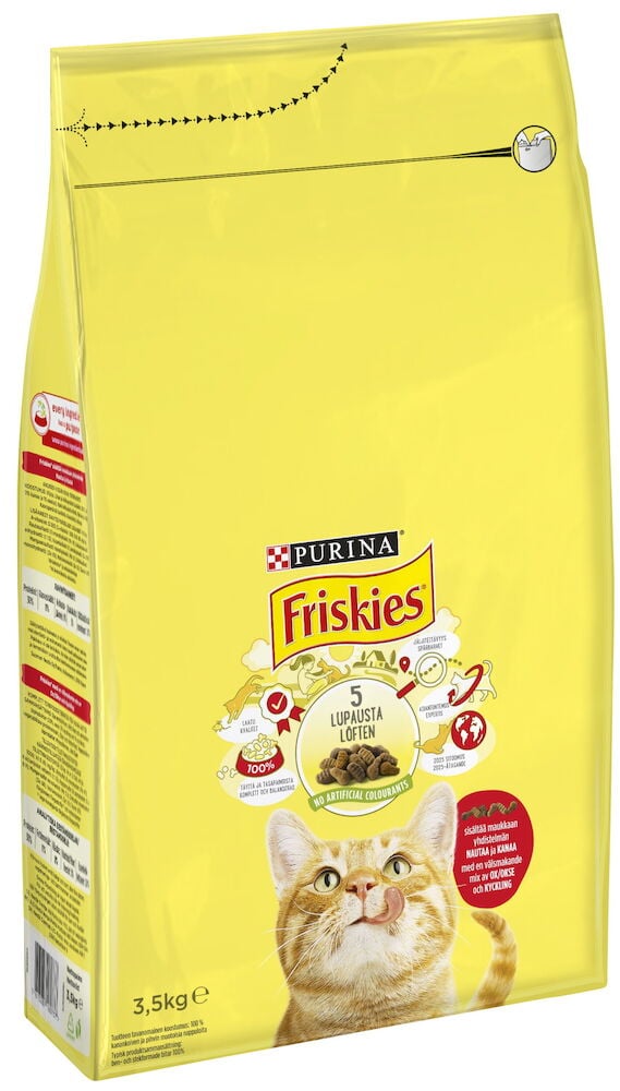 Gul påse Friskies kattmat med katt på framsidan.