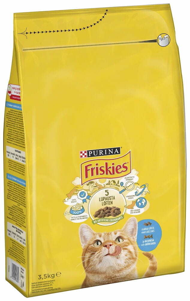 Gul förpackning Friskies kattmat 3,5 kg med lax.