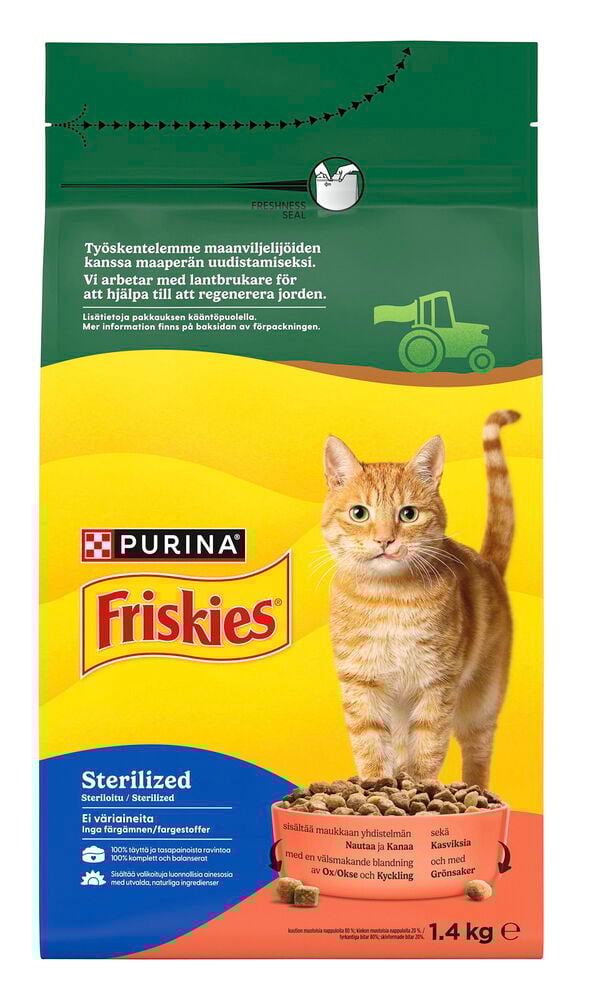 Kissojen kuivaruoka Friskies 1,4 kg Naudanlihaa, kanaa & vihanneksia Sterilisoitu pussi kissan ja ruokakupin kanssa.