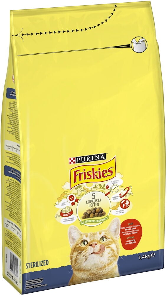 Keltainen Friskies 1,4kg steriloitu kissojen kuivaruokapussi naudanlihalla, kanalla, vihanneksilla ja kissakuvalla.